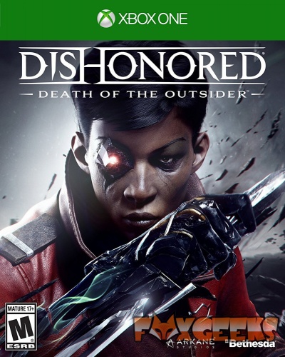 Capa do jogo Dishonored: Death of the Outsider para Xbox One com personagem feminina e texto