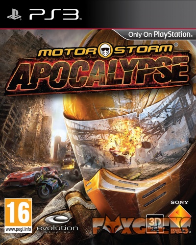 Capa do jogo MotorStorm Apocalypse para PS3 com capacete amarelo e explosão