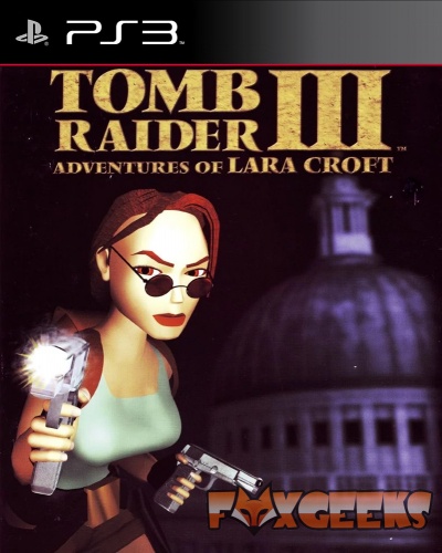 Capa do jogo PS3 Tomb Raider III com personagem e edifício com cúpula
