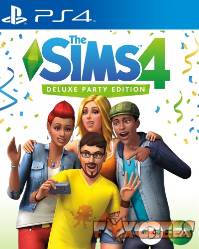 Capa do jogo The Sims 4 Deluxe Party Edition para PS4 com quatro personagens animados