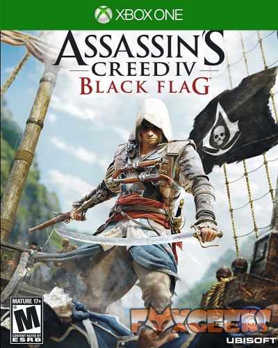 Capa do jogo Assassin's Creed IV Black Flag para Xbox One com personagem pirata e bandeira negra