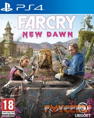 Capa do jogo PS4 Far Cry New Dawn com duas personagens e cenário pós-apocalíptico