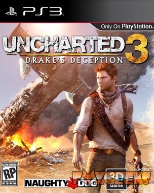 Capa do jogo PS3 Uncharted 3 com personagem e avião em queda