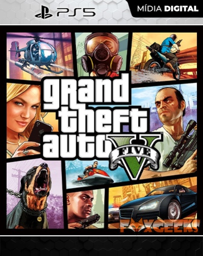Capa do jogo Grand Theft Auto V para PS5 com imagens dos personagens e veículos