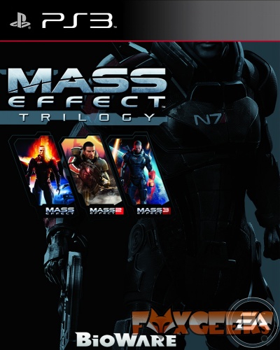 Capa do jogo Mass Effect Trilogy para PS3 com personagem em armadura preta e logos EA e BioWare