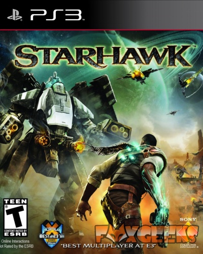 Capa do jogo PS3 'Starhawk' com robô gigante e homem futurista
