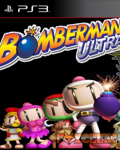 Capa do jogo PS3 Bomberman Ultra com personagens coloridos cartoon