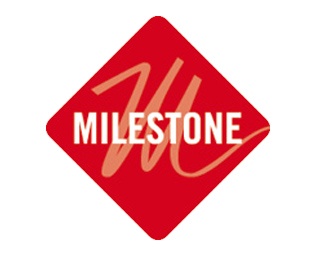 Logótipo vermelho quadrado com 'MILESTONE' em branco e letra 'M' castanha clara estilizada