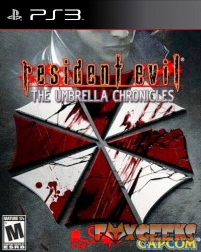Capa do jogo PS3 Resident Evil The Umbrella Chronicles com logo de guarda-chuva com manchas de sangue