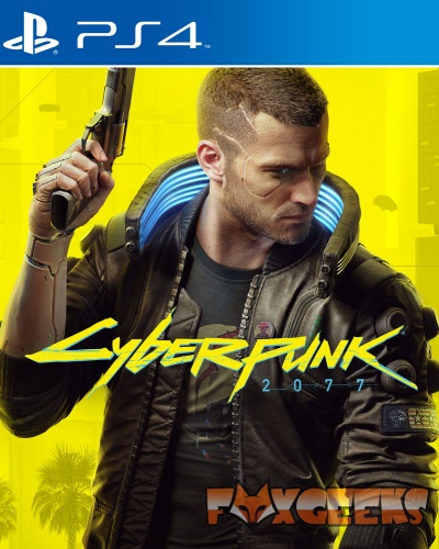 Capa do jogo PS4 Cyberpunk 2077 com homem segurando arma e fundo amarelo