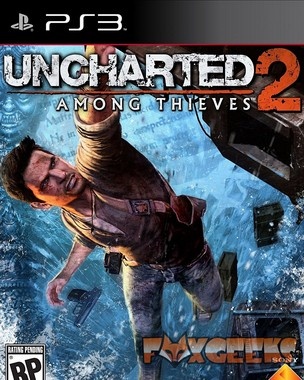 Capa do jogo PS3 Uncharted 2 Among Thieves com personagem em queda
