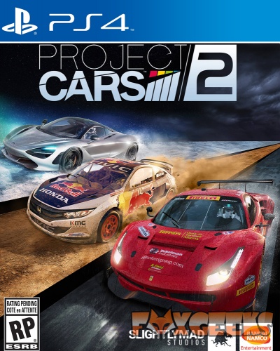 Capa do jogo Project Cars 2 para PS4 com três carros de corrida coloridos
