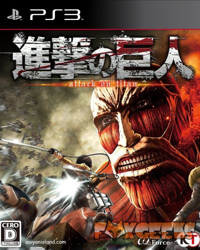 Capa do jogo PlayStation 3 Attack on Titan com gigante musculado e personagens em combate
