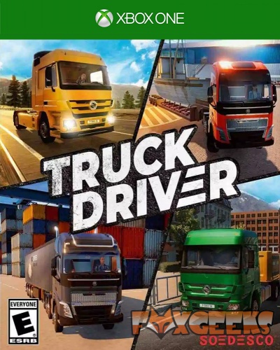 Capa de videojogo TRUCK DRIVER para Xbox One com quatro camiões coloridos em vários cenários.