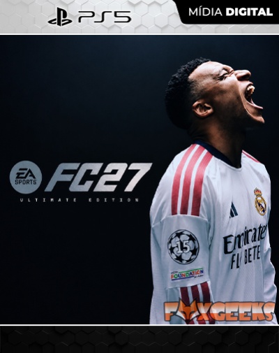Promoção do jogo FC27 Ultimate Edition para PS5 com jogador de futebol em camisola do Real Madrid