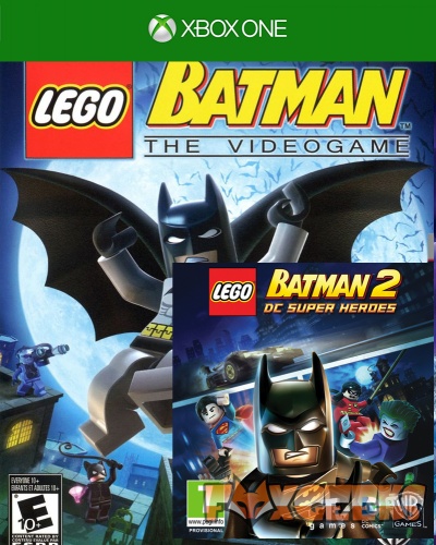 Capa do videojogo LEGO Batman para Xbox One com Batman e outros personagens super-heróis LEGO