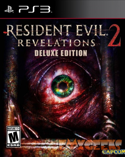 Capa do jogo Resident Evil Revelations 2 Deluxe Edition para PlayStation 3 com imagem de olho vermelho e verde e vários textos e logótipos