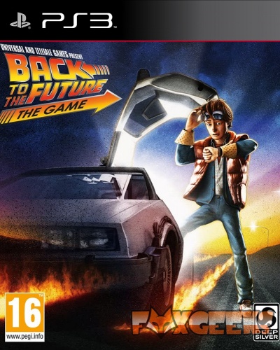 Capa do jogo Back to the Future The Game para PS3 com carro DeLorean e personagem com colete vermelho