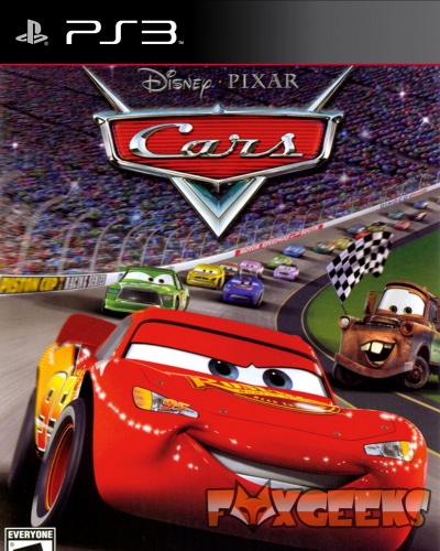 Capa do jogo PS3 'Cars' com carros de corrida coloridos numa pista e bandeira de xadrez