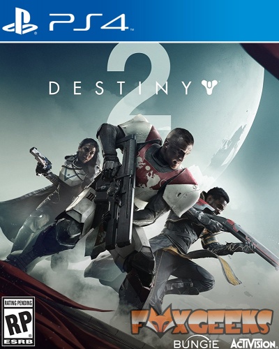 Capa do jogo PS4 Destiny 2 com três personagens armados em armaduras futuristas