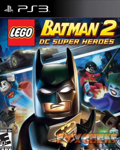 Capa do jogo LEGO Batman 2 de Super Heróis para PS3 com personagens LEGO do Batman e outros super-heróis