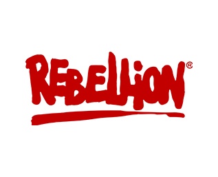 Logotipo vermelho da palavra REBELLION sobre fundo branco