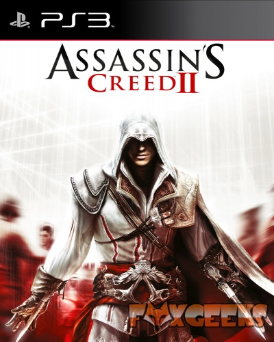 Capa do jogo Assassin's Creed II para PS3 com personagem vestido de branco e fundo vermelho.