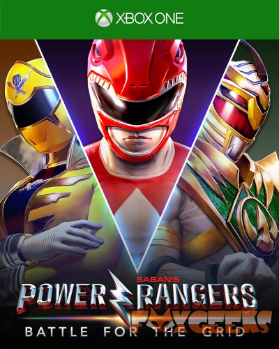 Capa de jogo Xbox One com imagem dos Power Rangers (amarelo, vermelho e branco) e textos 'POWER RANGERS BATTLE FOR THE GRID' e 'SABAN'S'.