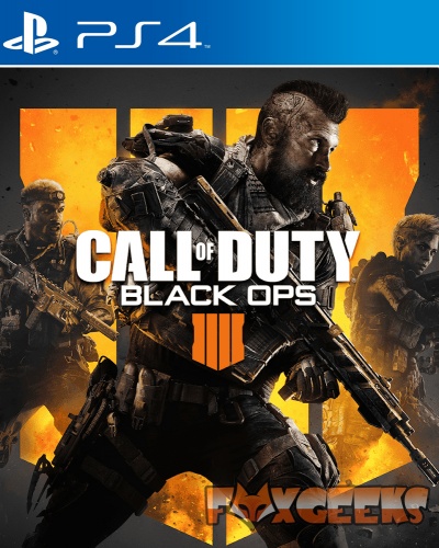 Capa do jogo Call of Duty Black Ops IIII para PS4 com três soldados e fundo laranja