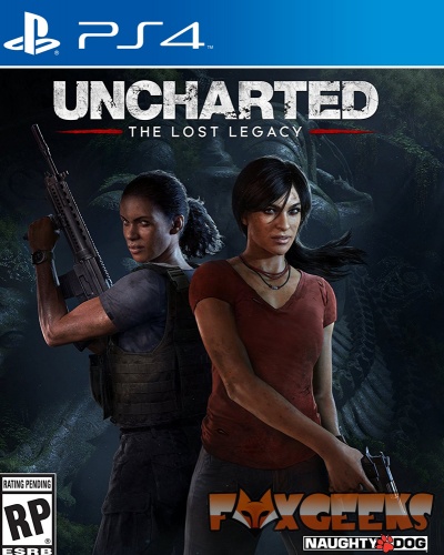 Capa de jogo PS4 Uncharted The Lost Legacy com duas personagens femininas armadas em fundo escuro