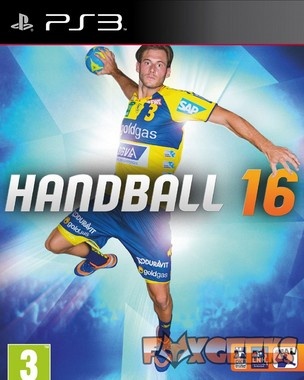 Capa do jogo PS3 Handball 16 com jogador de andebol em uniforme azul e amarelo