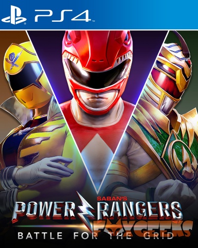 Capa do jogo Power Rangers Battle for the Grid para PS4 com três Power Rangers coloridos