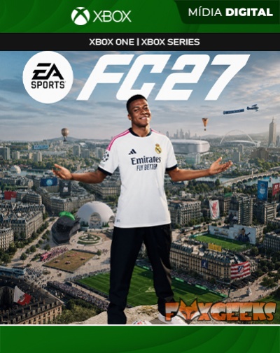 Capa digital do jogo FIFA 27 para Xbox com jogador do Real Madrid em uniforme branco e fundo urbano.