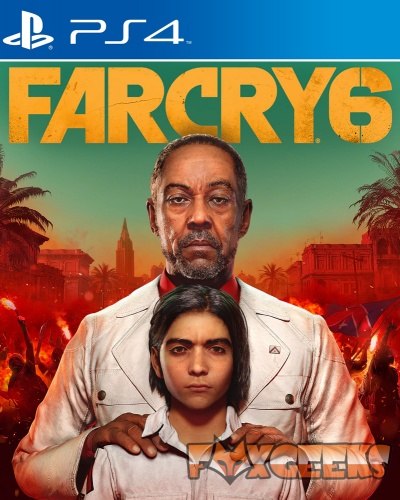 Capa do jogo Far Cry 6 para PS4 com dois personagens e fundo com fogo e palmeiras