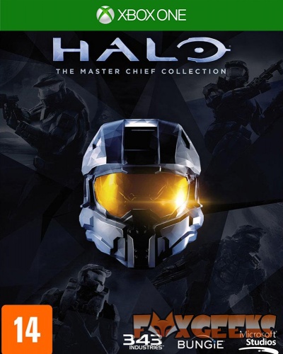 Capa do jogo Halo The Master Chief Collection para Xbox One com capacete futurista e fundo com soldados