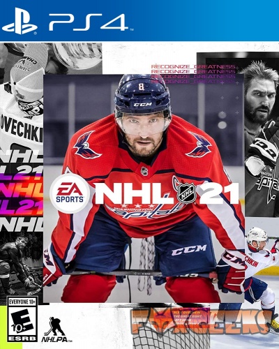 Capa do jogo NHL 21 para PS4 com jogador de hóquei no gelo em equipamento vermelho, azul e branco.
