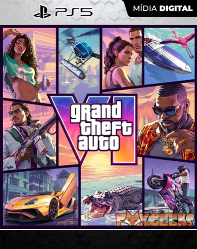 Capa do jogo digital Grand Theft Auto V para PS5 com várias imagens e texto