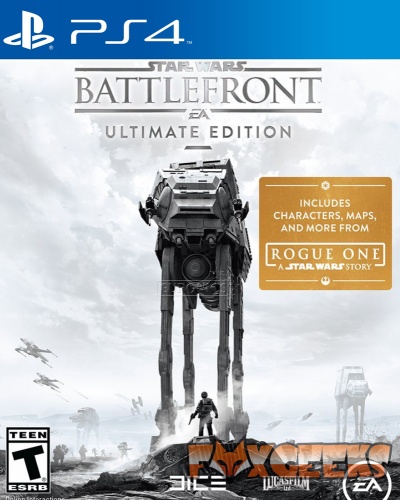 Capa do jogo PS4 Star Wars Battlefront Ultimate Edition com AT-AT e destaque para conteúdo da Rogue One.
