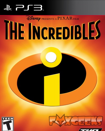 Capa do jogo THE INCREDIBLES para PS3 com fundo laranja e amarelo e símbolo i