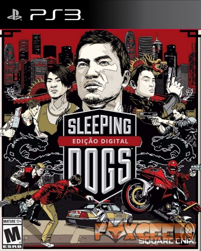 Capa do jogo digital Sleeping Dogs para PS3 com personagens e veículos em fundo vermelho e preto