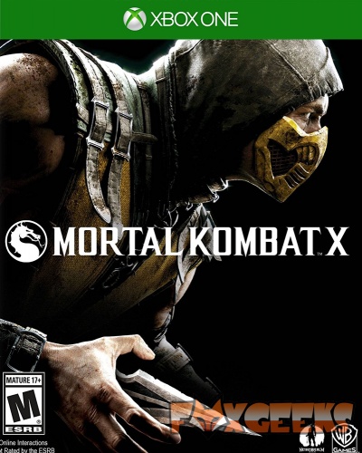 Capa jogo Mortal Kombat X Xbox One com personagem e texto em fundo preto