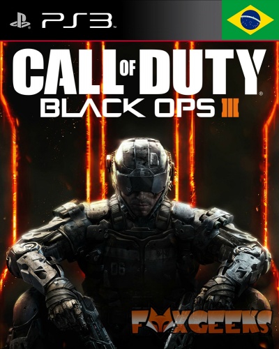 Capa do jogo Call of Duty Black Ops III PS3 soldado fundo preto e listras laranja