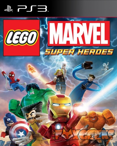 Capa do jogo PS3 LEGO Marvel Super Heroes com personagens LEGO de super-heróis Marvel