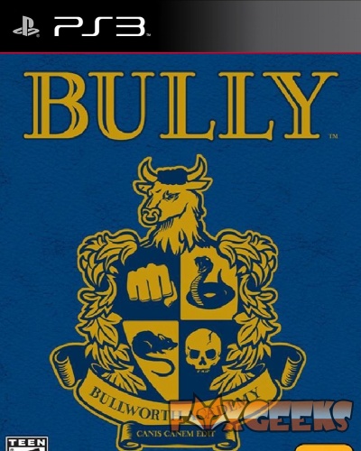 Capa do jogo Playstation 3 'Bully' com brasão dourado em fundo azul.