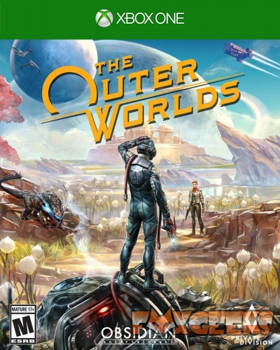 Capa do jogo Xbox One 'The Outer Worlds' com personagem em traje espacial e paisagem alienígena.