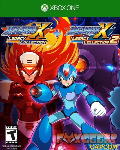 Capa de videojogo Xbox One Megaman X Legacy Collection e 2 com personagens de desenho animado em fundo colorido
