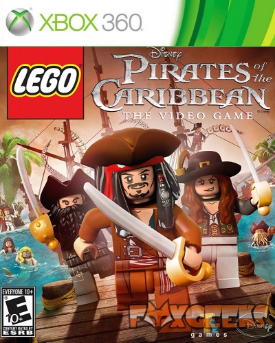 Capa do videojogo LEGO Pirates of the Caribbean para Xbox 360 com personagens LEGO piratas e texto do título