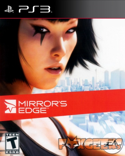 Capa do jogo Mirror's Edge para PS3 com mulher de cabelo preto e maquiagem, fundo de cidade e texto vermelho