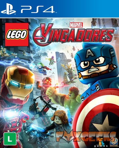 Capa do jogo PS4 LEGO Marvel Vingadores com personagens LEGO de heróis e logótipos.