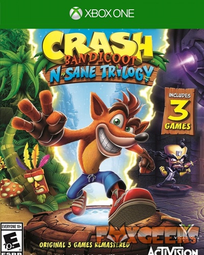Capa do jogo Crash Bandicoot N. Sane Trilogy para Xbox One com personagens animados e texto promocional.